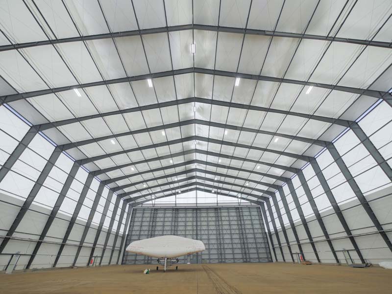 This 40,957 square-foot tension fabric Solar Ship hangar at the Brantford Municipal Airport in southwest Ontario features some natural daylighting and solar panels, creating an off-the-grid structure. Photo Courtesy of Legacy Building Solutions.