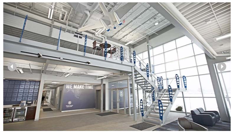 The Green Bay Packaging Aircraft Hangar includes offices and mezzanine.
Image courtesy of Star Building Systems® / Cornerstone Building Brands